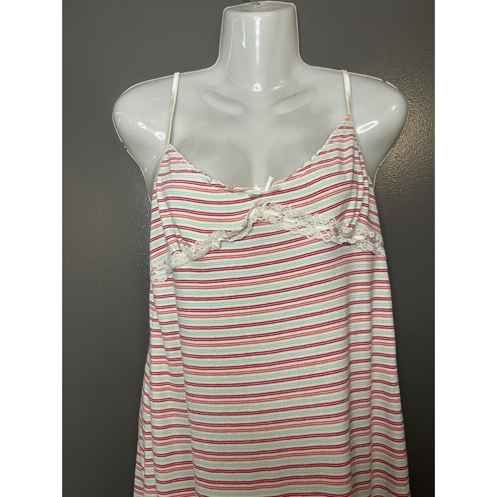 Esprit Sleepshirt Womens Large Pink Green Striped Cotton Lace Nightgown Chemise